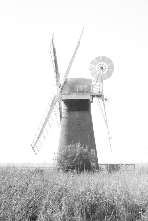 Black and white traditional Broads wind mill